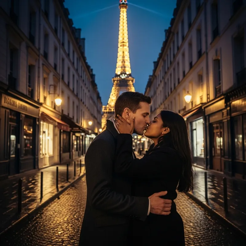 French Kiss - Romantic Moment in Paris with Eiffel Tower