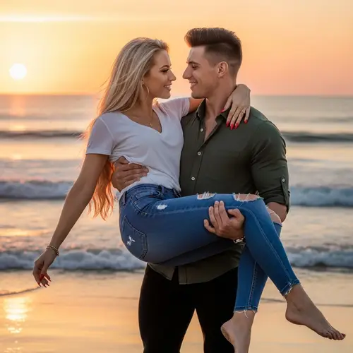 Romantic Beach Sunset Photo with Beautiful Couple
