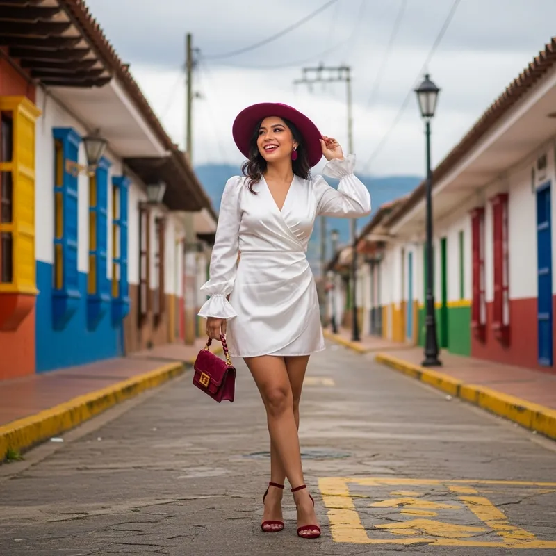Vibrant Colombian Fashion: Satin Dress & Burgundy Hues Vibrant Colombian Fashion: Satin Dress & Burgundy Hues