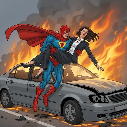 Superman Rescues Businesswoman from Vehicular Fire Incident