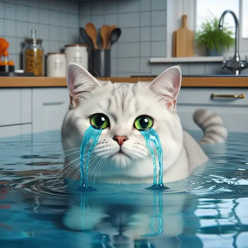 Cute British Cat in Realistic Flooded Kitchen with Green Eyes