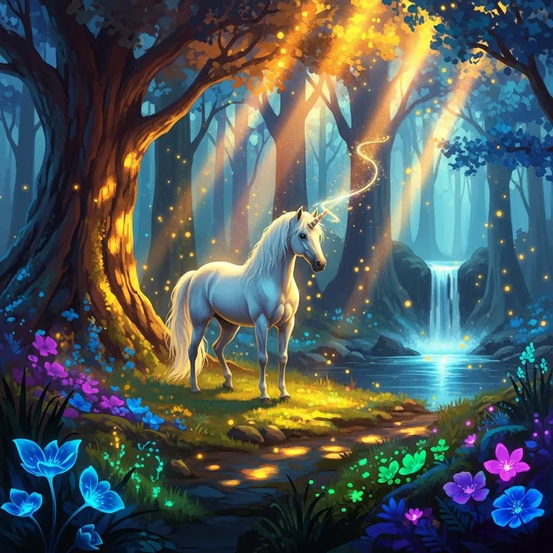 Majestic Unicorn in a Mystical Forest Painting