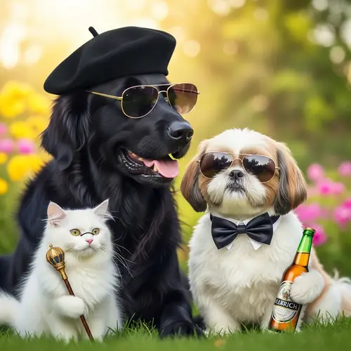Playful Pets in Sunglasses: Black Retriever, Shih Tzu, White Cat