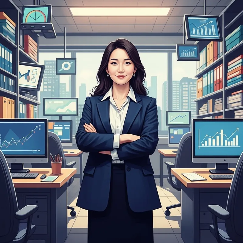 Dynamic East Asian Professional in Modern Office: Vibrant Scene with Technology Elements