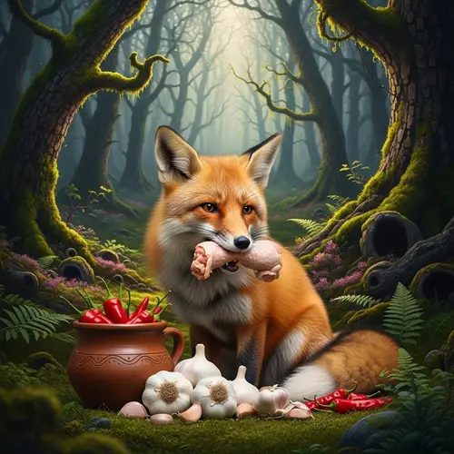Enchanting Scene: Fox with Chicken, Garlic, Peppers in Forest