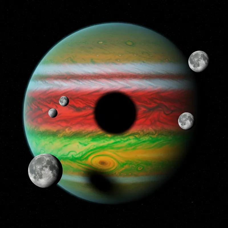 Red, Green, and Yellow Planet with Black Spot Surrounded by Three Moons