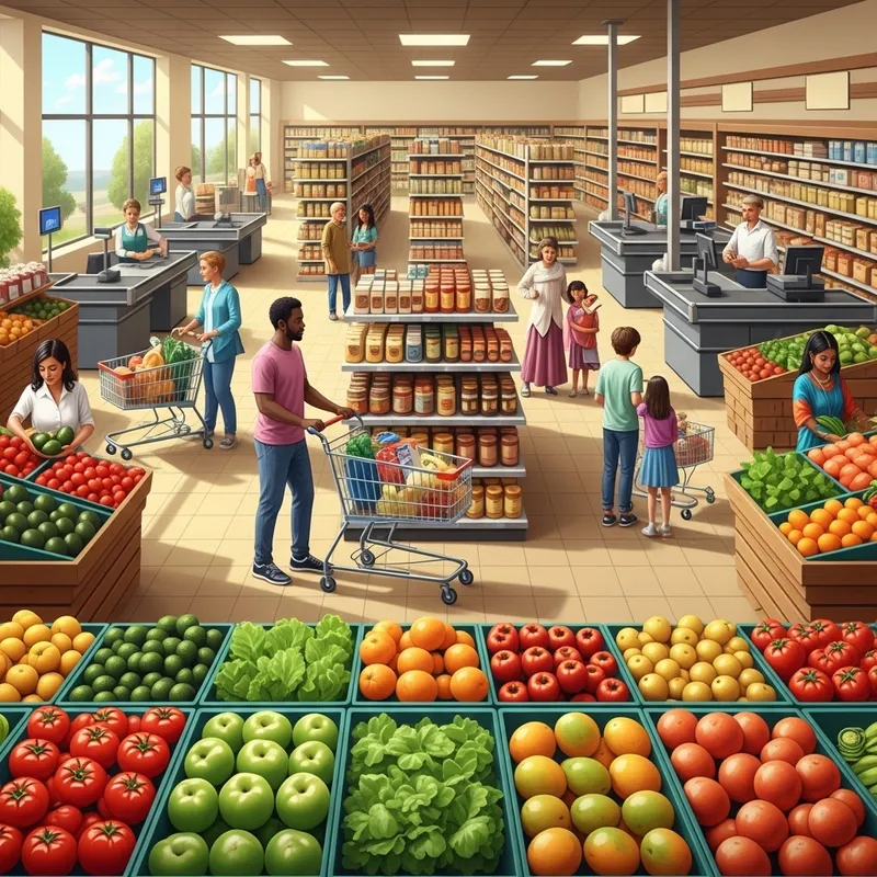 Diverse Grocery Store Layout with Shoppers of Various Backgrounds