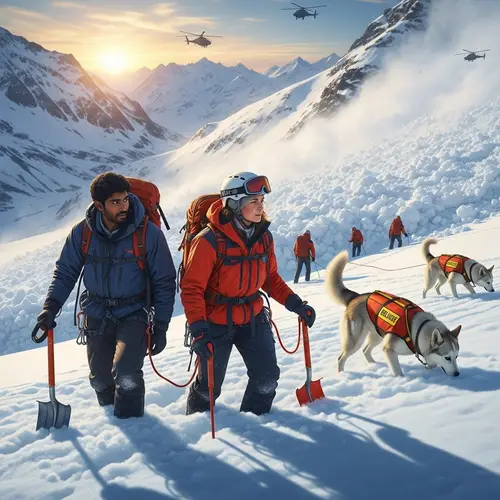Mountain Avalanche Rescue Scene: Dramatic Snow Rescue Effort
