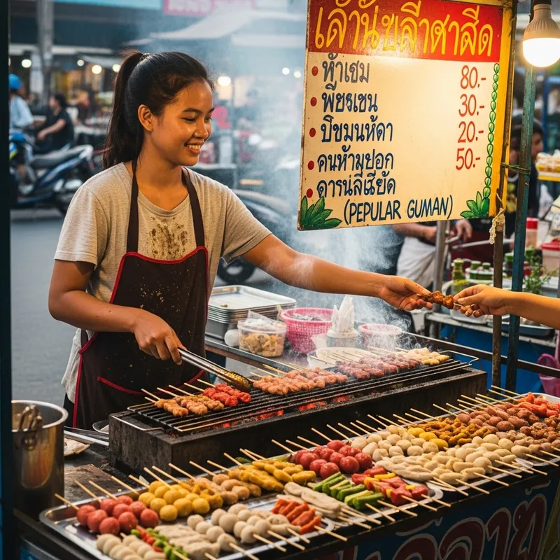 Young Woman Opens a Dirty Skewer Stall