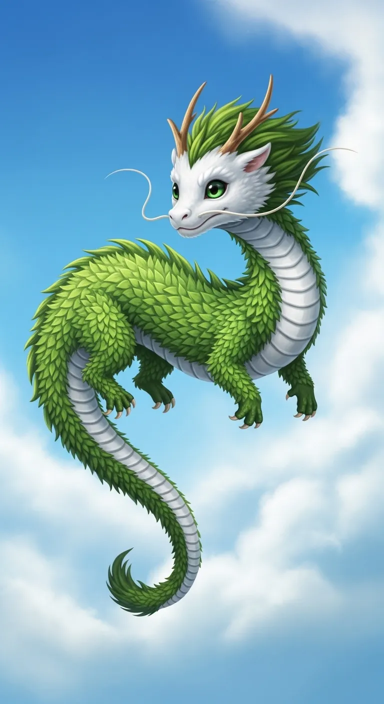 Whimsical Juvenile Chinese Dragon Soaring Through Sky