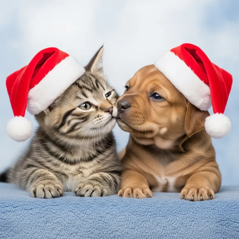 Adorable Kitten and Puppy in Festive Hats | Sweet Holiday Pets