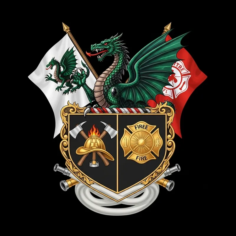 Winged Dragon & Firefighter Coat of Arms | Symbolic Imagery