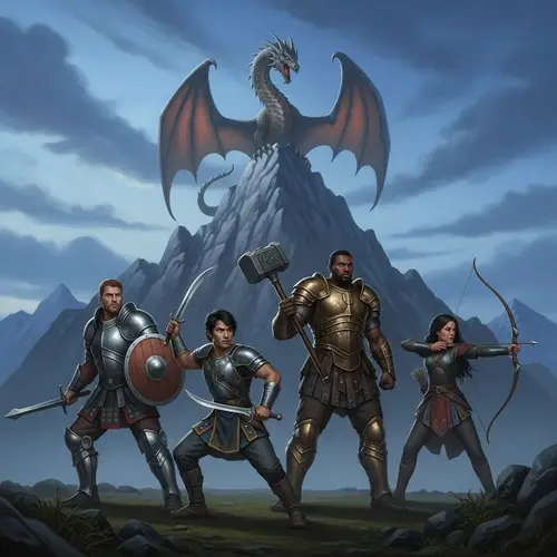 Majestic Dragon and Four Warriors at Rugged Mountain Peak