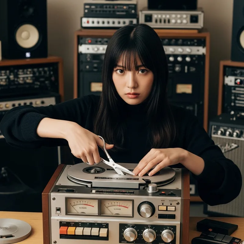 Skillful Asian Woman Cutting Vintage Tape Recorder in Music Studio Skillful Asian Woman Cutting Vintage Tape Recorder in Music Studio