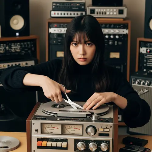Vintage Tape Recorder Cut by Skilled Asian Woman in Music Studio