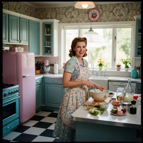Charming 1950s Housewife in Retro Americana Kitchen