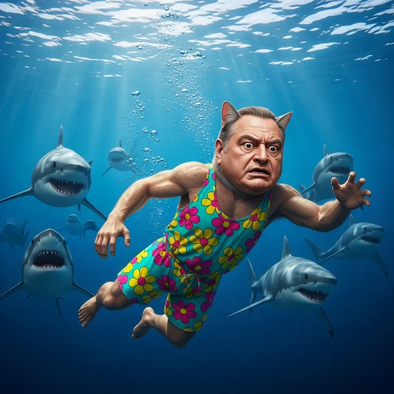 Boss Cat with My Boss's Face in Retro Swimsuit Escapes Shark Chase