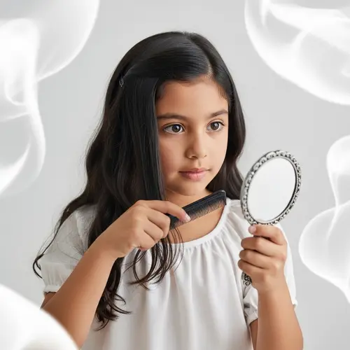 Hispanic Girl Combing Hair on White Background