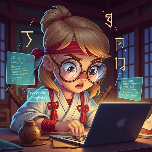 Cartoon Blonde Girl in Dojo Engrossed in Coding
