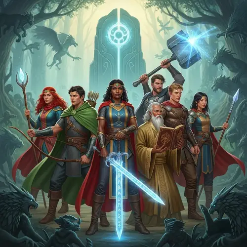 Legendary Group of Diverse Heroes in Ancient Forest