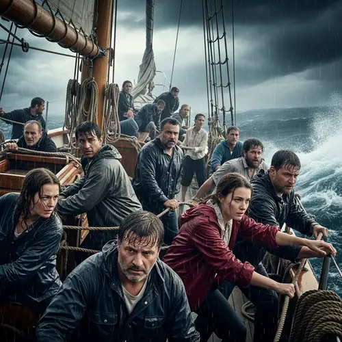 Stormy Sea Vessel Scene: Crew in Unity Against Adversity