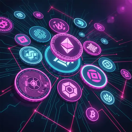 Futuristic Cryptocurrency Tokens in Vibrant Neon Colors