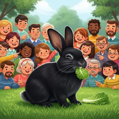 Black Rabbit Eating Lettuce - Crowd of People Watching