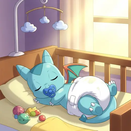 Cute Baby Dragon Cartoon - Infant Creature in Crib