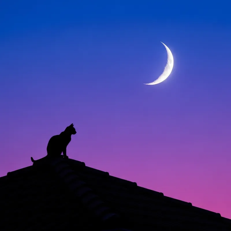 Silhouette of Cat on Rooftop under Purple Sky with Crescent Moon