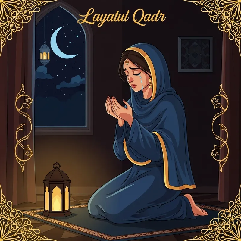 Devout South Asian Woman Fasting and Praying on Laylatul Qadr Night