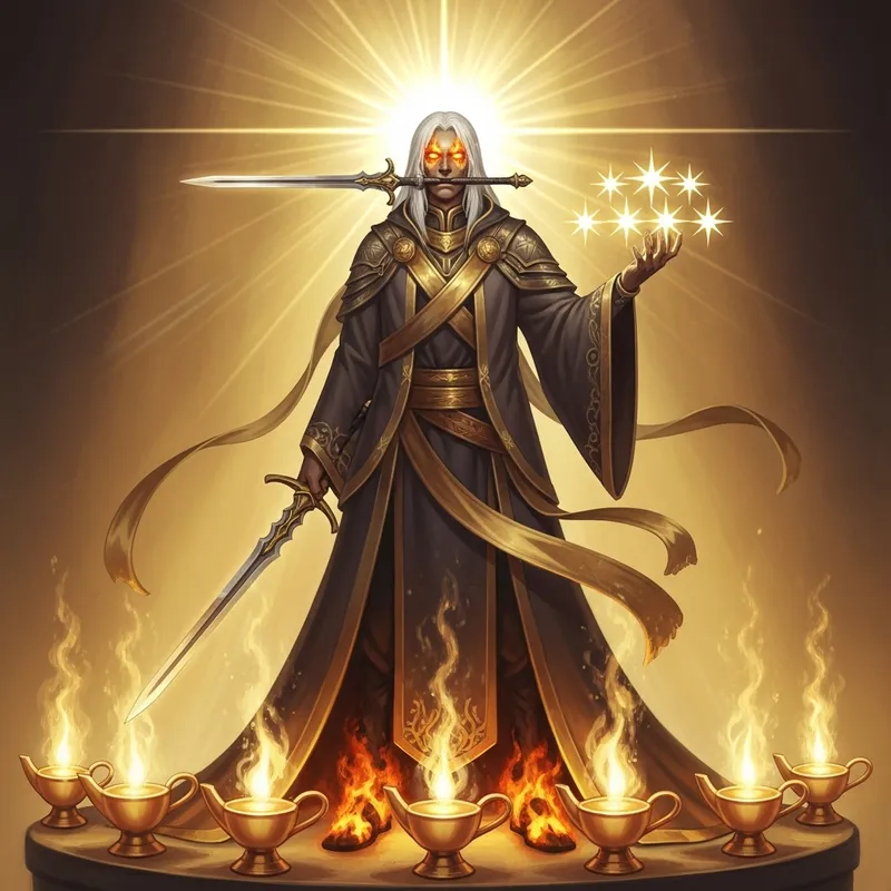 Ethereal Son of Man Amidst Golden Lampstands