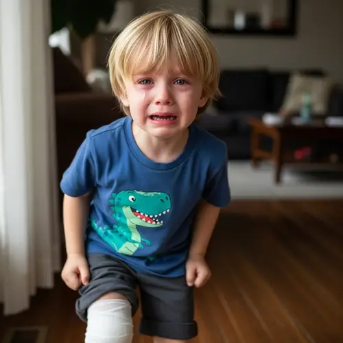 Distressed Boy with Bandaged Right Knee