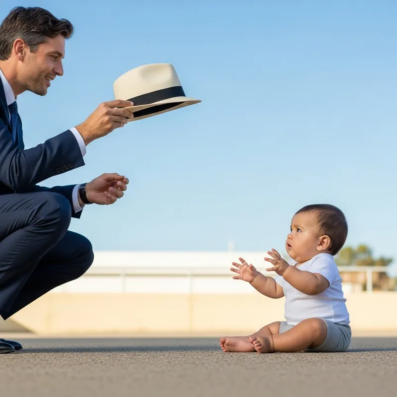 Stylish Man Tossing Fedora at Enormous Infant
