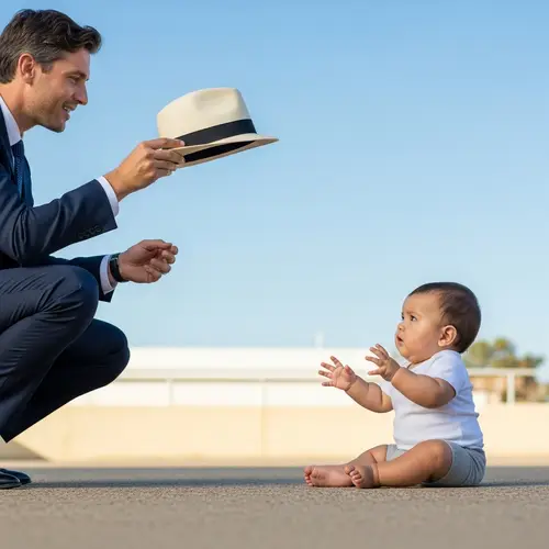 Elegant Caucasian Man Throwing Fedora Hat to Fascinated Hispanic Baby