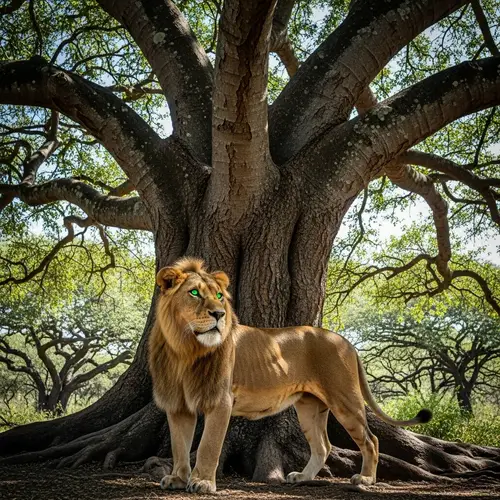 Majestic Lion with Emerald Green Eyes by Towering Tree