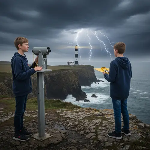Boy with Compass at Stormy Cliff Observation Point