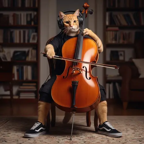 Orange Cat Playing Cello with Headphones | Unique Musical Feline