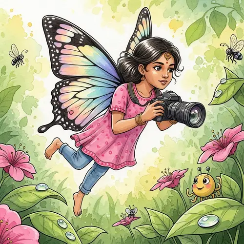 Whimsical South Asian Girl With Butterfly Wings Flying Through Garden