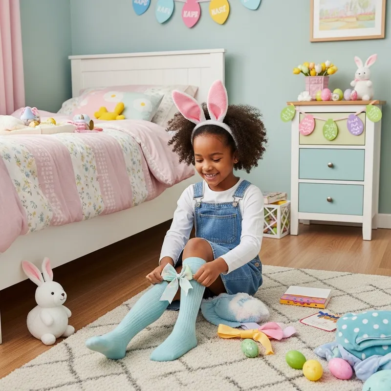 6-Year-Old African Schoolgirl Removes Easter Bow Socks in Cozy Bedroom
