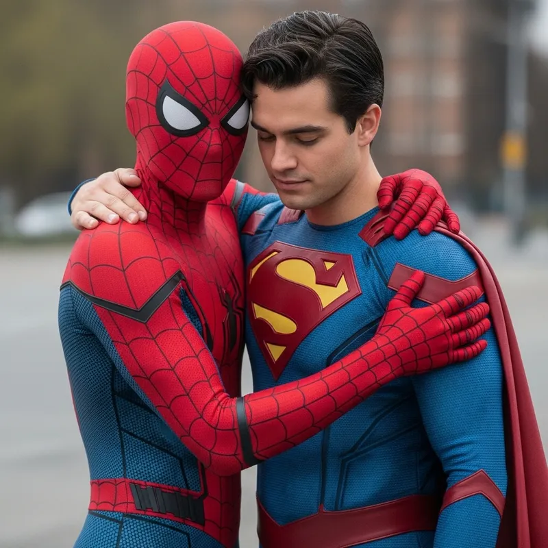 Epic Superhero Embrace: Spiderman and Superman Epic Superhero Embrace: Spiderman and Superman