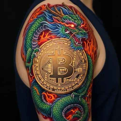 Vibrant Dragon Shoulder Tattoo with Golden Bitcoin Design