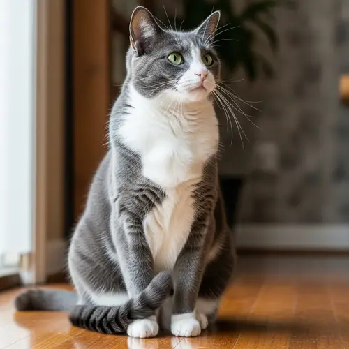 Medium-Sized Slate-Grey and White Domestic Cat | Green-Eyed Feline