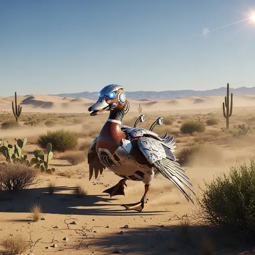 Cyborg Duck in the Desert - Fusion of Organic and Robotic Features