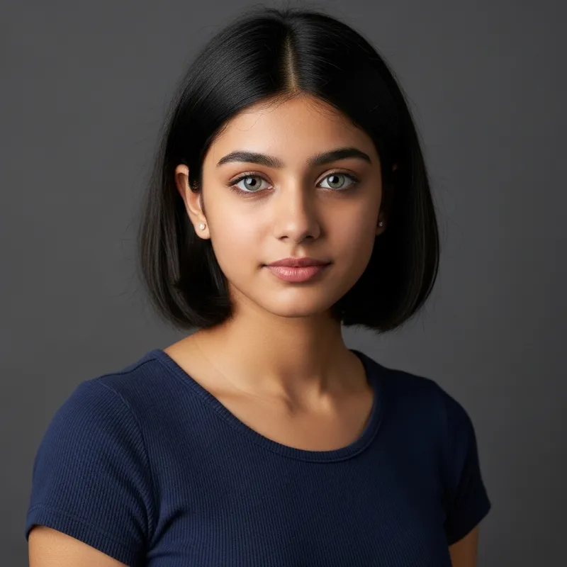Graceful South Asian Teenage Girl: Enchanting Gray-Green Eyes