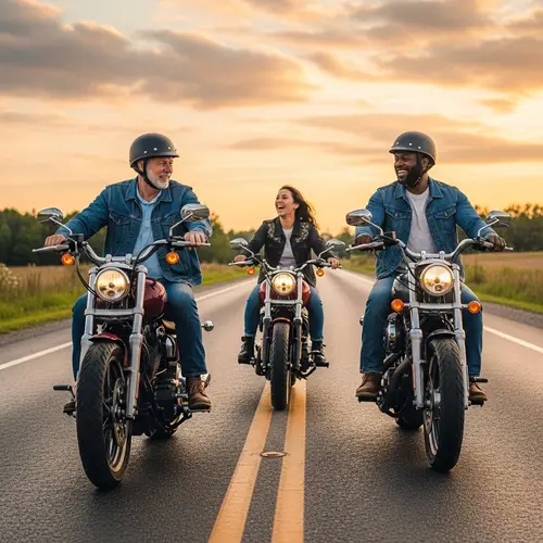Diverse Bikers Enjoy Sunset Motorcycle Ride to Rustic Tavern