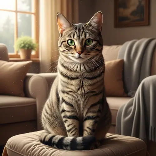 Charming Tabby Cat with Intense Green Eyes - Cozy Indoor Setting