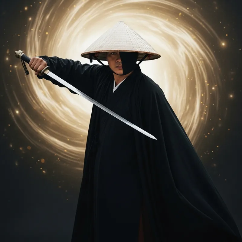 Vietnamese Man in Black Cloak with Traditional Straw Hat and Sleek Sword