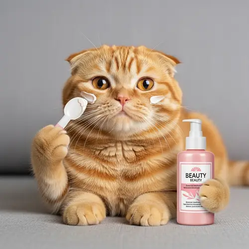 Scottish Fold Cat Applying Beauty Facial Cream - Realistic Portrait