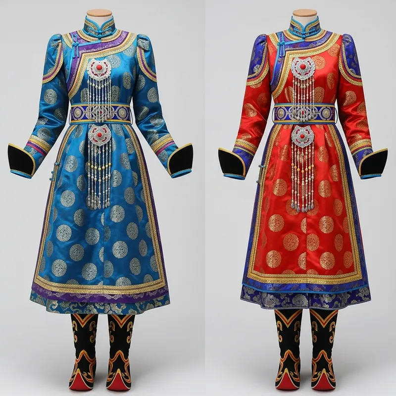 Ancient Mongolian Women's Deel: Vibrant Silk Outfit with Elaborate Embroidery