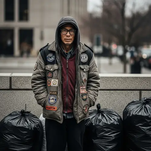 Affluent Homeless Individual Standing Next to Trash Bags